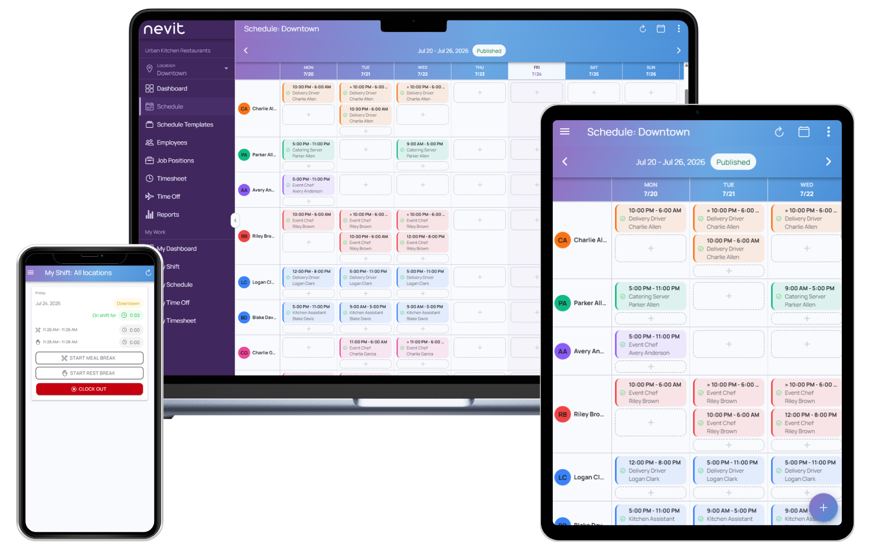 The nevit schedule and time clock app shown on laptop, tablet, and phone